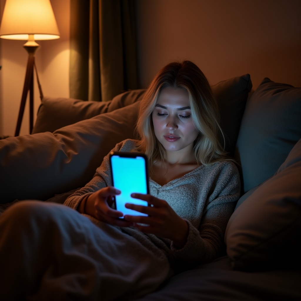 Müde Person liegt auf dem Sofa, hält Smartphone mit Online-Shop geöffnet, abendliche Beleuchtung