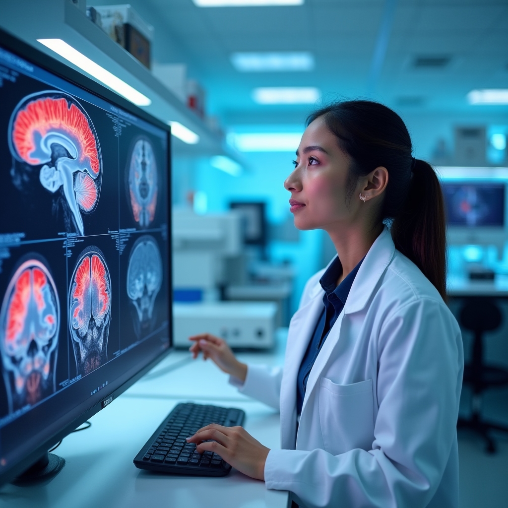 Forscherin betrachtet Gehirnscan-Ergebnisse auf Bildschirm in einem Neurowissenschaftslabor