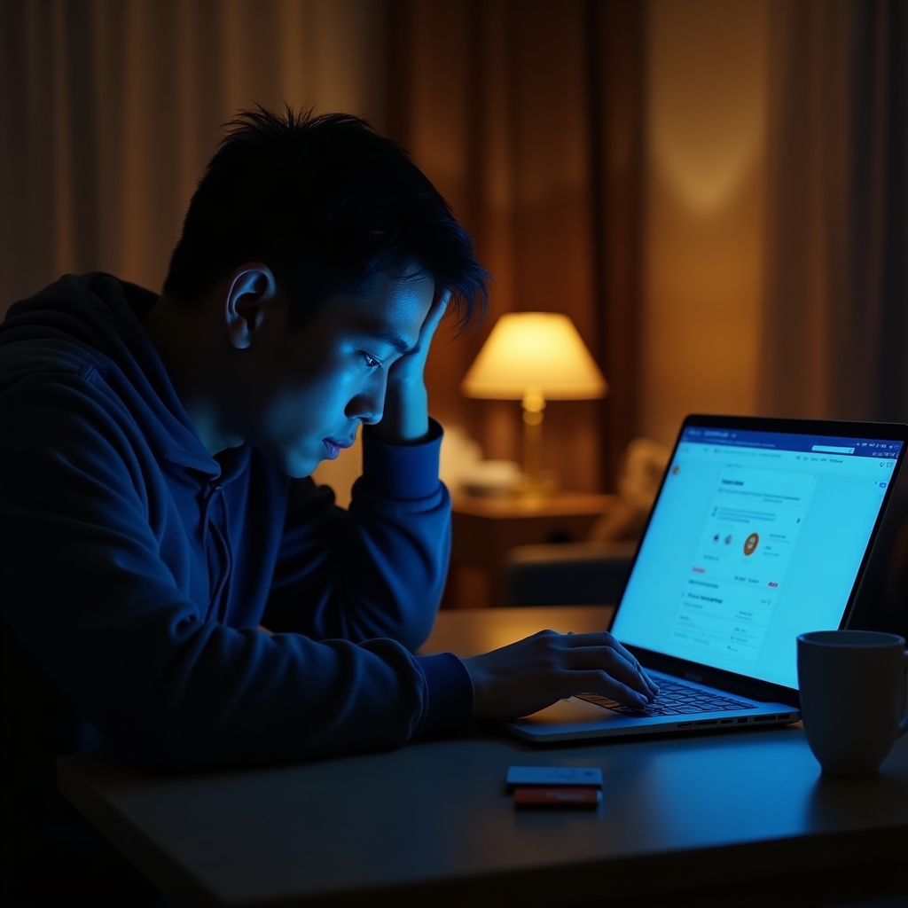 Person nachts am Laptop mit sichtbarer Erschöpfung, Kreditkarte auf dem Tisch