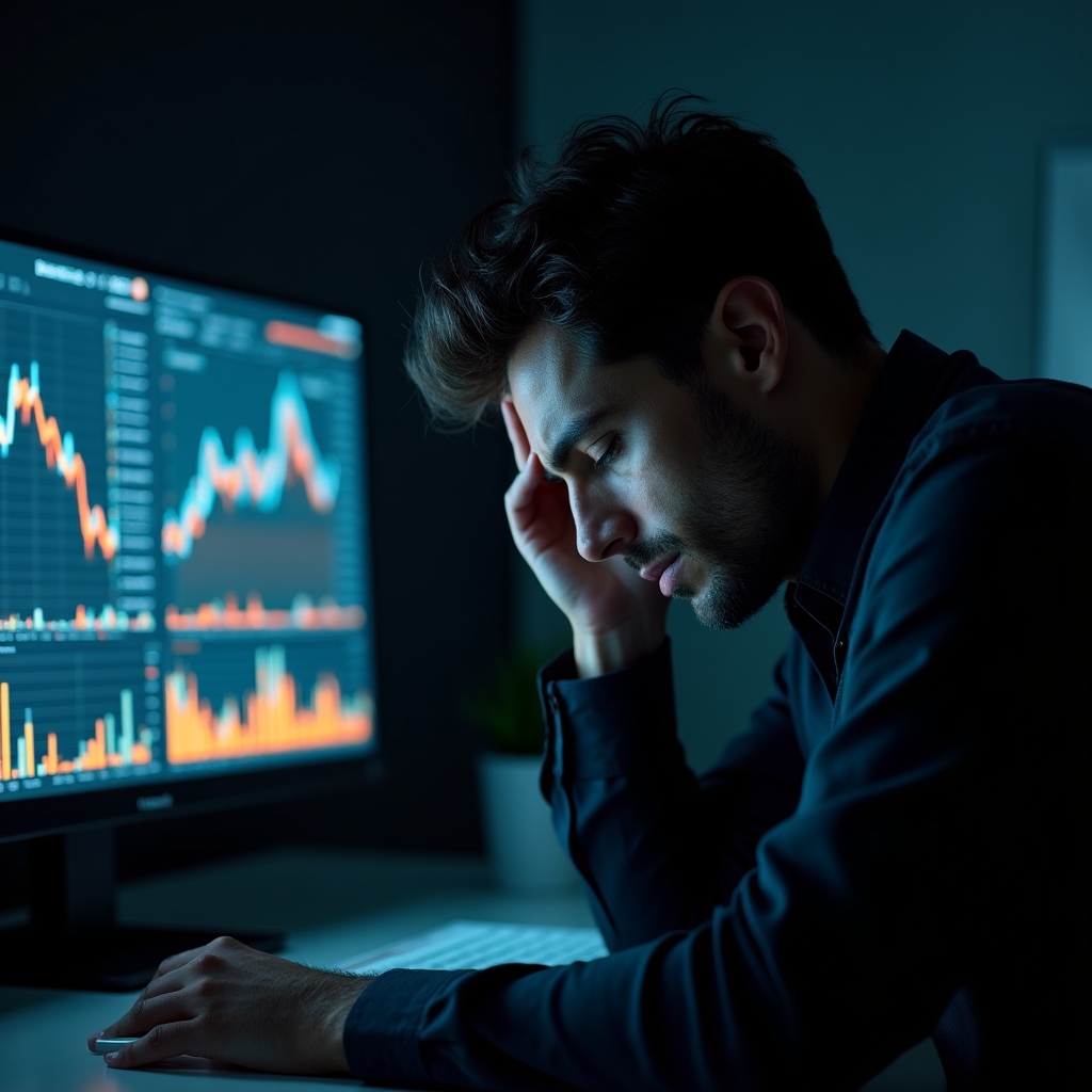 Person am Schreibtisch, erschöpft, vor Computerbildschirm mit Finanzdaten