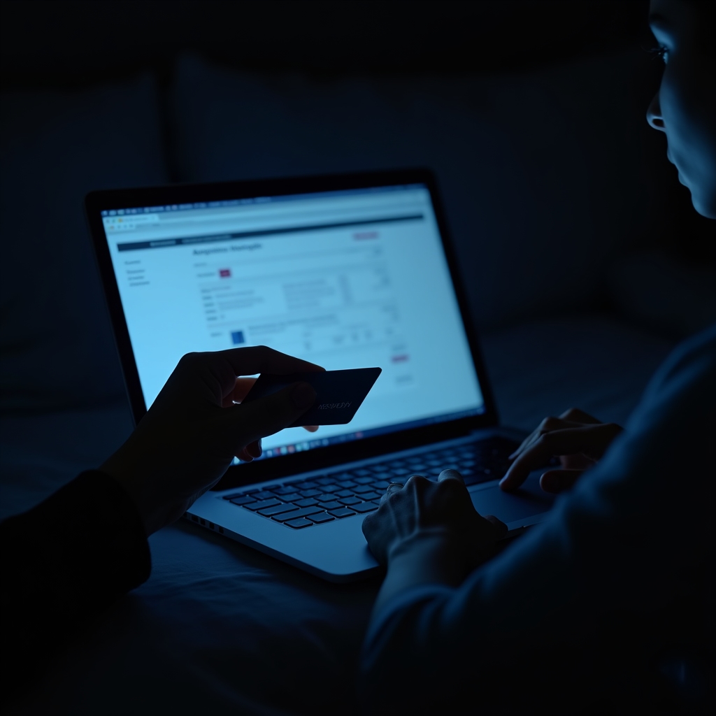 Nachtaufnahme einer Person mit Kreditkarte vor Online-Shop auf Laptop-Bildschirm
